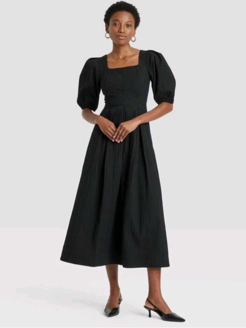 A New Day Black Balloon Sleeve Smocked Midi Dress